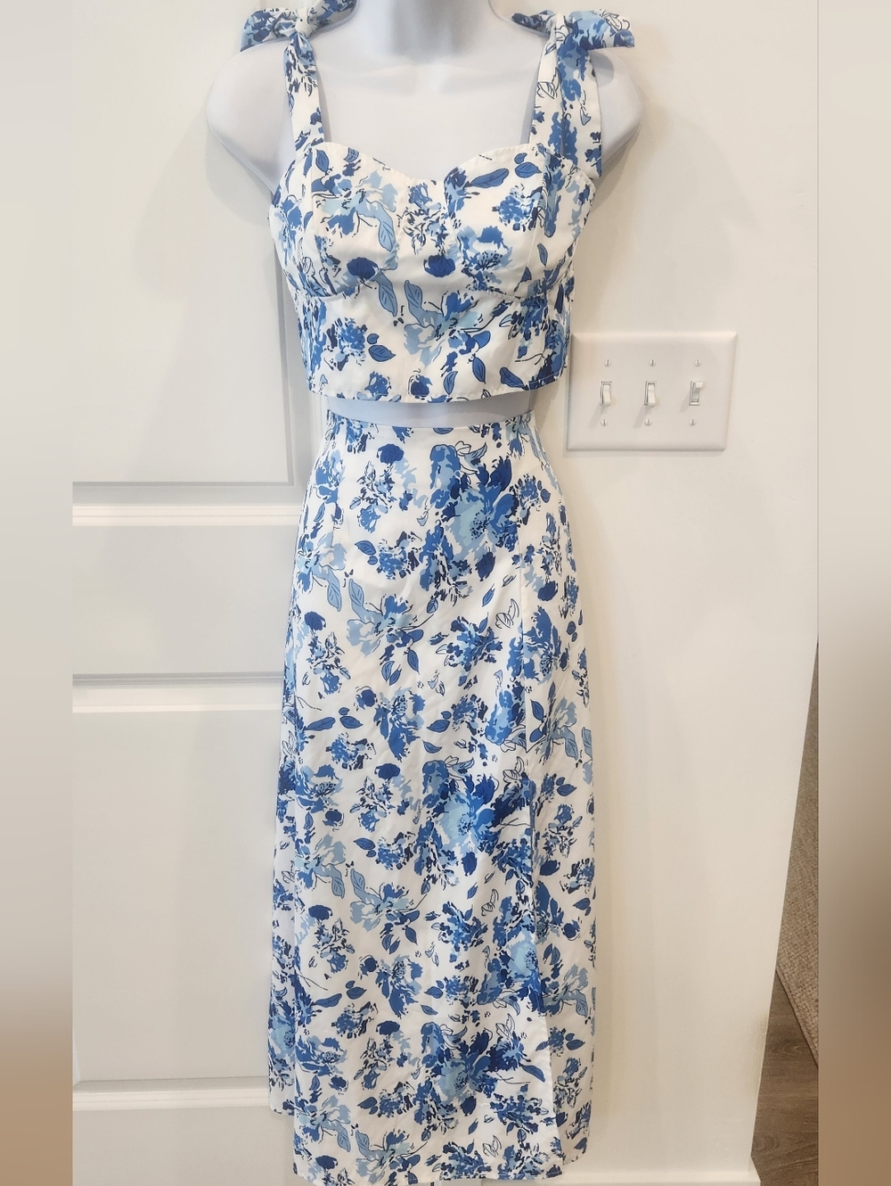 Blue Floral Midi Dress - Sleeveless Crop Top Set